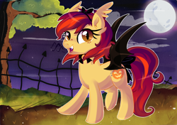 Size: 1600x1124 | Tagged: safe, artist:spookyle, oc, oc only, oc:pumpkin bell, species:bat pony, species:pony, bat pony oc, bat wings, bell, bell collar, bow, cloud, collar, colored wings, digital art, ear fluff, female, fence, freckles, full moon, grass, hairband, looking at you, mare, moon, music notes, night, night sky, open mouth, raised hoof, raised leg, signature, sky, slit eyes, smiling, solo, spread wings, tail bow, tree, wings