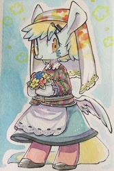 Size: 854x1280 | Tagged: safe, artist:mosamosa_n, oc, oc only, species:pony, bipedal, bouquet, butt wings, clothing, cute, dress, flower, semi-anthro, solo, traditional art, watercolor painting