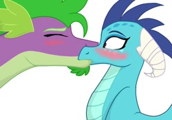 Size: 1024x715 | Tagged: safe, artist:colourstrike, character:princess ember, character:spike, species:dragon, ship:emberspike, beard, blushing, dragoness, facial hair, female, kiss on the lips, kissing, male, older, older spike, shipping, simple background, story included, straight, surprise kiss, surprised, white background