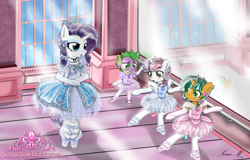 Size: 3600x2300 | Tagged: safe, artist:avchonline, character:rarity, character:snails, character:spike, character:sweetie belle, species:pony, ballerina, ballet, ballet slippers, barre, bipedal, bipedal leaning, blushing, bow, canterlot royal ballet academy, classroom, clothing, crossdressing, cute, dancing, diasnails, embarrassed, evening gloves, eyeshadow, glitter shell, gloves, hair bow, happy, hello kitty, jewelry, makeup, mirror, necklace, pantyhose, sanrio, shellbetes, sissy, skirt, sky, studio, tiara, tutu, window
