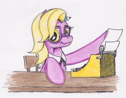 Size: 1349x1056 | Tagged: safe, artist:scribblepwn3, character:grace manewitz, species:earth pony, species:pony, episode:rarity takes manehattan, g4, my little pony: friendship is magic, colored pencil drawing, female, glasses, pen drawing, solo, traditional art, typewriter
