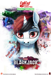 Size: 864x1280 | Tagged: safe, artist:wwredgrave, character:princess luna, oc, oc:blackjack, oc:lacunae, oc:morning glory (project horizons), oc:p-21, oc:rampage, oc:scotch tape, fallout equestria, fallout equestria: project horizons, fanfic, fanfic art, hoofington rises, patreon, patreon logo, play, poster, somber