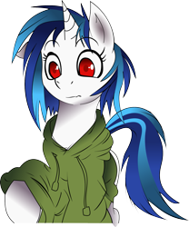 Size: 1495x1800 | Tagged: safe, artist:shysolid, artist:swaetshrit, character:dj pon-3, character:vinyl scratch, species:pony, species:unicorn, alternate eye color, clothing, colored pupils, female, hoodie, red eyes, simple background, solo, transparent background
