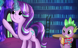 Size: 1280x797 | Tagged: safe, artist:lilliesinthegarden, character:spike, character:starlight glimmer, magic, reading