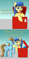 Size: 800x1600 | Tagged: safe, artist:scramjet747, character:beauty brass, character:fiddlesticks, species:pony, apple family member, blushing, box, comic, female, fiddlebrass, lesbian, pony in a box, present, shipping