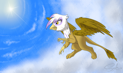 Size: 5000x3000 | Tagged: safe, artist:soulfulmirror, character:gilda, species:griffon, absurd resolution, female, flying, signature, sky, solo, sun