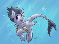 Size: 2853x2103 | Tagged: safe, artist:jorobro, character:rumble, bubble, commission, floaty, hippocampus, male, merpony, scales, solo, species swap, swimming, tail, underwater, water wings