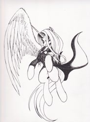 Size: 1691x2296 | Tagged: safe, artist:scribblepwn3, crossover, monochrome, one winged alicorn, pen drawing, sephiroth, solo, traditional art, wip