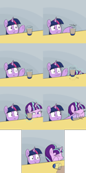 Size: 2560x5120 | Tagged: safe, artist:acersiii, character:starlight glimmer, character:twilight sparkle, :<, :>, :|, chocolate, chocolate milk, comic, everything is ruined, frown, magic, meme, milk, punch, pure unfiltered evil, smiling, smirk, spilled milk, wide eyes