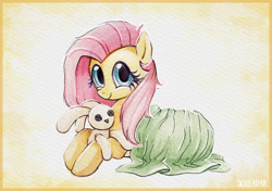 Size: 1200x846 | Tagged: safe, artist:scheadar, character:fluttershy, species:pegasus, species:pony, blanket, cute, female, looking at you, lying down, mare, plushie, prone, shyabetes, smiling, solo, toy, traditional art