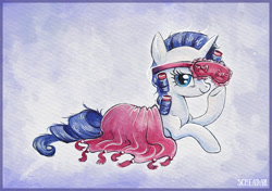 Size: 1200x846 | Tagged: safe, artist:scheadar, character:rarity, species:pony, species:unicorn, blanket, clothing, cute, female, looking at you, nightgown, raribetes, sleep mask, sleepy, solo, traditional art