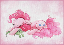 Size: 1200x846 | Tagged: safe, artist:scheadar, character:gummy, character:pinkie pie, species:earth pony, species:pony, cute, diapinkes, eyes closed, female, mare, sleeping, smiling, solo, traditional art, watercolor painting