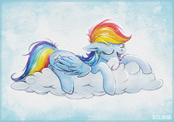 Size: 1200x846 | Tagged: safe, artist:scheadar, character:rainbow dash, species:pegasus, species:pony, cloud, cute, dashabetes, eyes closed, female, mare, open mouth, sleeping, solo, traditional art