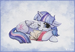 Size: 1200x846 | Tagged: safe, artist:scheadar, character:twilight sparkle, character:twilight sparkle (alicorn), species:alicorn, species:pony, adorkable, book, cute, dork, female, looking at you, sleepy, solo, that pony sure does love books, traditional art, twiabetes