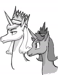 Size: 1280x1656 | Tagged: safe, artist:redanon, character:princess celestia, character:princess luna, species:alicorn, species:pony, black and white, crown, femanon in malequestria, grayscale, jewelry, king solaris, male, monochrome, prince artemis, prince solaris, regalia, rule 63, stallion