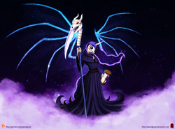 Size: 2048x1512 | Tagged: safe, artist:wwredgrave, character:princess luna, species:anthro, crossover, death (equine-morphic personification), discworld, ethereal mane, female, galaxy mane, grim reaper, hourglass, patreon, patreon logo, rope, scythe, skeleton, solo, spirit of hearth's warming yet to come, spread wings, wings