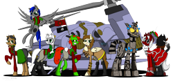 Size: 7300x3500 | Tagged: safe, artist:derpanater, oc, oc only, oc:blackspot, oc:carving doll, oc:couteau duel, oc:flintlock hoof, oc:graceful gust, oc:red steel, oc:shamrock bayonet, species:pegasus, species:pony, species:unicorn, fallout equestria, absurd resolution, armor, clothing, commission, digital art, fallout equestria: dance of the orthrus, group, group shot, piercing, pirate, power armor, powered exoskeleton, vehicle