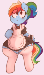 Size: 500x856 | Tagged: safe, artist:toroitimu, character:rainbow dash, species:pony, :t, bipedal, bottom heavy, clothing, cute, dashabetes, eye clipping through hair, female, maid, ponytail, simple background, socks, solo, thunder thighs, wide hips