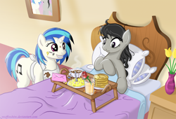 Size: 2060x1400 | Tagged: safe, artist:muffinshire, character:dj pon-3, character:octavia melody, character:vinyl scratch, species:earth pony, species:pony, species:unicorn, ship:scratchtavia, apron, bed, breakfast, breakfast in bed, breakfast is ruined, clothing, cute, egg shells, female, flower, juice, lesbian, mare, orange juice, pancakes, rose, shipping, smiling, tea, vest, vinylbetes, you tried