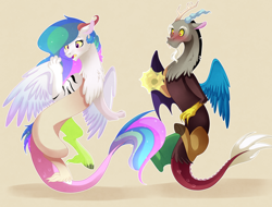 Size: 1280x971 | Tagged: safe, artist:hikariviny, character:discord, character:princess celestia, species:draconequus, ship:dislestia, celestequus, draconequified, female, male, shipping, species swap, story included, straight