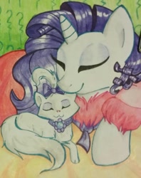 Size: 810x1023 | Tagged: safe, artist:gleamydreams, character:opalescence, character:rarity, species:pony, bathrobe, cat, clothing, eyes closed, nuzzling, opalbetes, robe, snuggling, traditional art