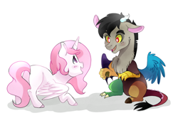 Size: 1024x681 | Tagged: safe, artist:hikariviny, character:discord, character:princess celestia, species:alicorn, species:draconequus, species:pony, blank flank, blushing, butt, cewestia, colored hooves, cute, cutelestia, dawwww, discute, duo, duo male and female, female, filly, filly celestia, foal, looking at each other, male, open mouth, pink-mane celestia, plot, shadow, simple background, sitting, smiling, spread wings, spreading, standing, sunbutt, weapons-grade cute, white background, wings, young discord, younger