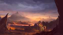 Size: 1920x1080 | Tagged: safe, artist:shamanguli, character:sunset shimmer, species:pony, species:unicorn, female, lava, mountain, scenery, scenery porn, solo, wallpaper