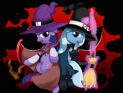 Size: 1400x1050 | Tagged: safe, artist:hoyeechun, character:trixie, character:twilight sparkle, broom, nightmare night, signature, witch