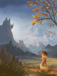Size: 1260x1695 | Tagged: dead source, safe, artist:shamanguli, character:applejack, species:earth pony, species:pony, canterlot, canterlot mountain, clothing, female, hat, mare, mountain, mountain range, peak, scenery, scenery porn, solo