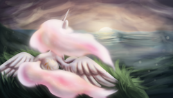 Size: 1920x1080 | Tagged: safe, artist:zedrin, character:princess celestia, species:alicorn, species:pony, g4, cutie mark, female, grass, horn, mare, ocean, pink-mane celestia, scenery, solo, spread wings, sunrise, tail, water, wings, younger