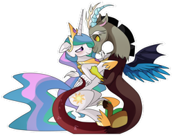 Size: 1024x824 | Tagged: safe, artist:alicornparty, artist:hikariviny, character:discord, character:princess celestia, ship:dislestia, female, floppy ears, hug, looking at each other, male, nuzzling, shipping, simple background, straight, transparent background