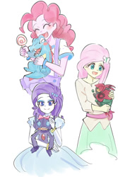Size: 600x900 | Tagged: safe, artist:misochikin, character:fluttershy, character:pinkie pie, character:rarity, my little pony:equestria girls, anime, clothing, comic, crossover, dress, japanese, manga, pixiv, pokémon, sableye, totodile, translation request, venipede