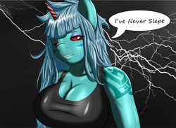 Size: 3000x2200 | Tagged: safe, artist:sixpathsoffriendship, oc, oc only, oc:safesleep, species:anthro, anthro oc, big breasts, breasts, cleavage, clothing, dialogue, female, insomnia, solo, speech bubble, tank top