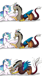 Size: 1280x2313 | Tagged: safe, artist:hikariviny, character:discord, character:princess celestia, ship:dislestia, bedroom eyes, blushing, comic, cute, discute, eyes closed, female, lip bite, looking back, male, open mouth, preglestia, pregnant, prone, shipping, smiling, straight, wide eyes