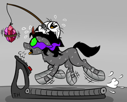 Size: 3525x2850 | Tagged: safe, artist:fakskis, character:angel bunny, character:king sombra, species:pony, species:rabbit, species:unicorn, animal, big red button, carrot on a stick, crystal, eyes on the prize, fishing rod, floppy ears, fluffy, gem, laughing, open mouth, panting, rope, running, sweat, that pony sure does love crystals, tongue out, treadmill, wide eyes