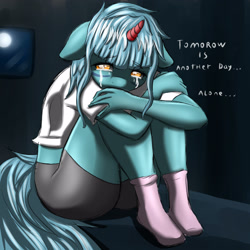 Size: 3000x3000 | Tagged: safe, artist:sixpathsoffriendship, oc, oc only, oc:safesleep, species:anthro, bed, clothing, crying, five nights at freddy's 4, lonely, moon, sad, socks, solo, text
