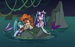 Size: 1280x797 | Tagged: safe, artist:stevetwisp, character:adagio dazzle, character:aria blaze, character:sonata dusk, species:siren, equestria girls:rainbow rocks, g4, my little pony: equestria girls, my little pony:equestria girls, jewelry, mermaid, mermaidized, necklace, pendant, river, sirens doing siren things, species swap, swamp, the dazzlings, water