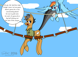 Size: 3000x2200 | Tagged: safe, artist:derpanater, character:quibble pants, character:rainbow dash, episode:stranger than fanfiction, annoyed, digital art, rope bridge, sarcasm, sky, spoiler, tail, tail pull, text