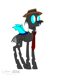 Size: 1920x2560 | Tagged: safe, artist:derpanater, oc, oc only, oc:toothpick, species:changeling, clothing, cute, digital art, fake moustache, hat, moustache, necktie, paper-thin disguise, smiling