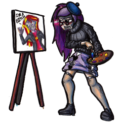 Size: 960x1011 | Tagged: safe, artist:darkone10, character:sunset shimmer, oc, oc only, oc:lannie lona, my little pony:equestria girls, beatnik, beret, canvas, female, glasses, gritted teeth, paintbrush, painting, solo, traditional art, vulgar
