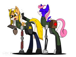 Size: 3500x2625 | Tagged: safe, artist:derpanater, oc, oc only, oc:alto clarinet reed, oc:vibraphone echo, species:pony, fallout equestria, black eye, clothing, commission, cyber pony, digital art, fallout equestria: dance of the orthrus, fanfic, fanfic art, female, funny, hooves, horn, mare, medic, medical saddlebag, mirage pony, original species, saddle bag, simple background, tattered, transparent background