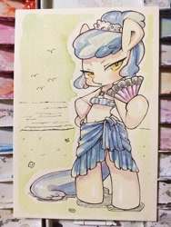 Size: 1536x2048 | Tagged: safe, artist:mosamosa_n, character:sapphire shores, species:anthro, species:earth pony, species:pony, species:seagull, species:unguligrade anthro, bikini, clothing, fan, female, looking at you, solo, swimsuit