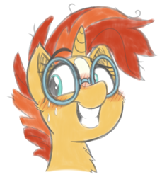 Size: 1979x2160 | Tagged: safe, artist:fakskis, character:sunburst, blushing, bust, chest fluff, cute, ear fluff, embarrassed, glasses, grin, meganekko, messy mane, portrait, rule 63, rule63betes, smiling, solo, stupid sexy sunburst, sunbetes, sunstone (g4 r63 sunburst), sweat