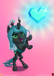 Size: 905x1280 | Tagged: safe, artist:wwredgrave, character:queen chrysalis, species:changeling, antagonist, bipedal, blushing, changeling queen, chibi, crystal heart, cute, cutealis, female, filly, simple background, solo