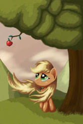 Size: 1200x1800 | Tagged: safe, artist:grennadder, character:applejack, apple, female, food, loose hair, missing accessory, solo, tree, windswept mane