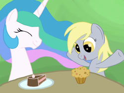 Size: 1333x1000 | Tagged: safe, artist:grennadder, character:derpy hooves, character:princess celestia, species:pegasus, species:pony, cake, cakelestia, cute, eyes closed, eyes on the prize, female, food, happy, mare, muffin, open mouth, smiling