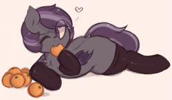 Size: 1013x592 | Tagged: safe, artist:toroitimu, oc, oc only, oc:iris, species:bat pony, species:pony, chubby, clothing, eating, fangs, food, heart, looking away, one eye closed, orange, solo, stockings, wink
