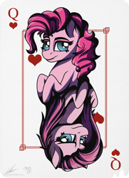 Size: 1631x2250 | Tagged: safe, artist:midnightsix3, artist:therandomjoyrider, character:pinkamena diane pie, character:pinkie pie, card, collaboration, duality, looking at you, loose hair, playing card, queen of hearts, signature