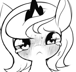 Size: 992x944 | Tagged: safe, artist:ccc, character:princess luna, species:alicorn, species:pony, :<, blushing, bust, crying, cute, female, filly, frown, grayscale, looking at you, lunabetes, mare, monochrome, portrait, sad, shivering, solo, sweat, woona