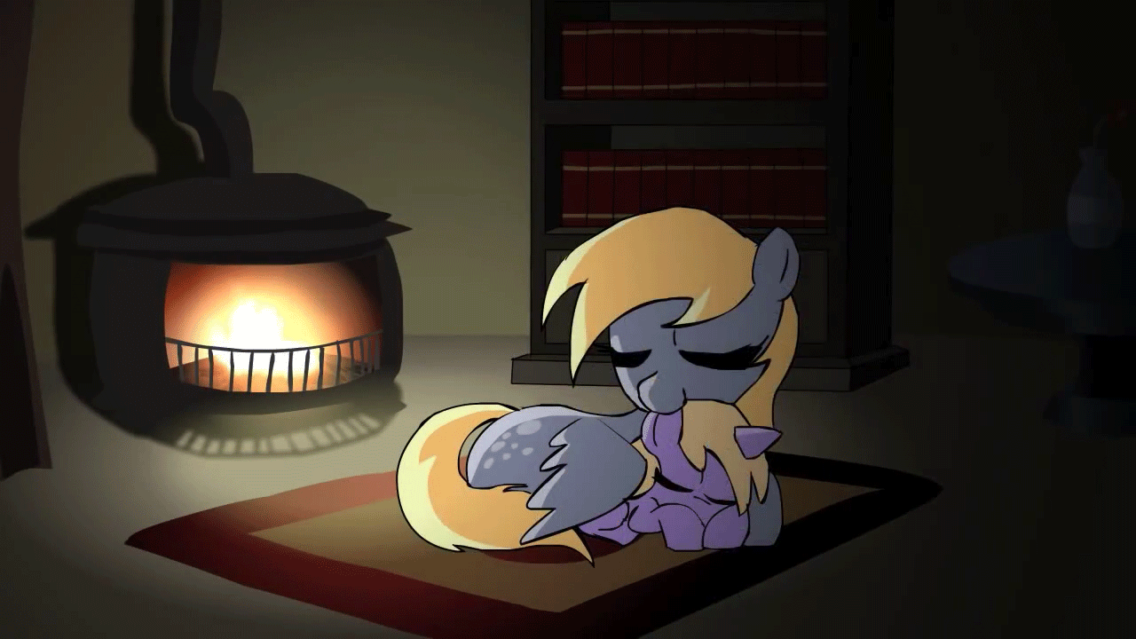 Size: 1280x720 | Tagged: safe, artist:alfa995, character:derpy hooves, character:dinky hooves, species:pegasus, species:pony, species:unicorn, episode:hearth's warming eve, g4, my little pony: friendship is magic, animated, book, bookshelf, cuddling, cute, cutie mark, derpabetes, dinkabetes, ear bite, equestria's best mother, eyes closed, featured on derpibooru, female, filly, fire, fireplace, furnace, headcanon, heartwarming, hug, mare, nom, prone, relaxing, rug, sleeping, smiling, snuggling, wing blanket, winghug, youtube link